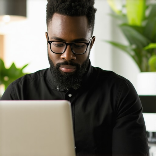 Analyzing Local SEO Metrics Business owner reviewing SEO analytics on a laptop for local optimization.