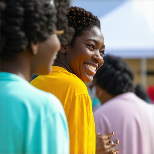 Person participating in community event, smiling and interacting with locals.