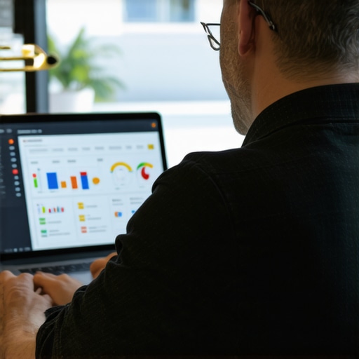 Entrepreneur analyzing local SEO metrics on a laptop with charts and maps.