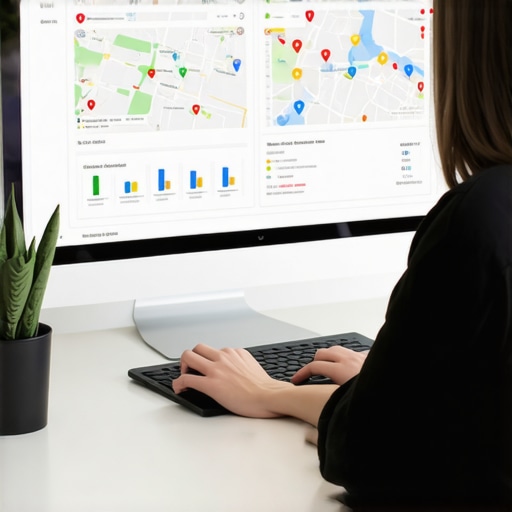 Marketing professional working on local SEO profile optimization on a computer.