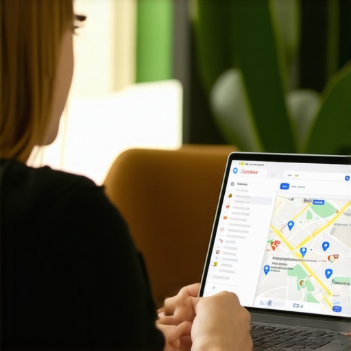 Business owner editing Google Profile on laptop with Google Maps on screen.