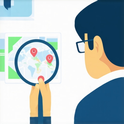 Analyzing Map Signals Business owner examining digital map signals with a magnifying glass