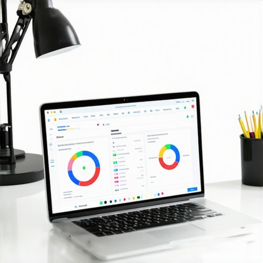 A workspace with a laptop showcasing SEO analytics tools for local search