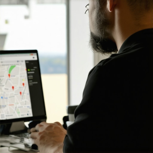 Business owner optimizing Google profile on laptop in a cozy office.