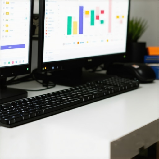 Desk setup with SEO software screens showing metrics and review management tools.