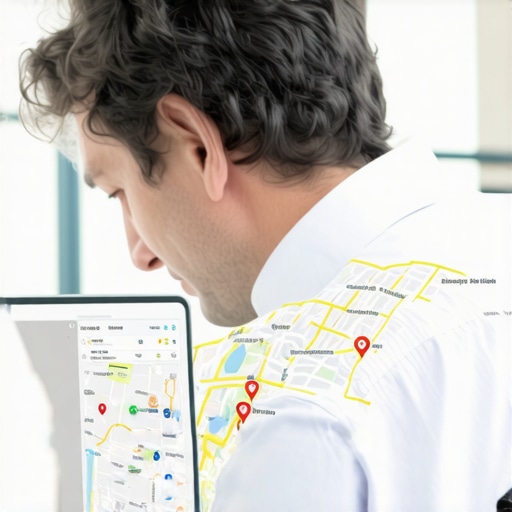 Businessperson reviewing SEO analytics on a tablet showing Google Maps ranking metrics.