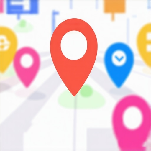 A digital map highlighting interaction icons surrounding a business location, illustrating engagement signals