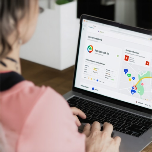 Optimizing Google Business Profile for Local SEO Success Business owner updating Google profile on laptop with maps and analytics