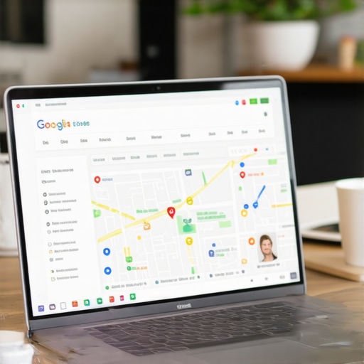 Business owner improving GBP profile on a laptop with local map and SEO data