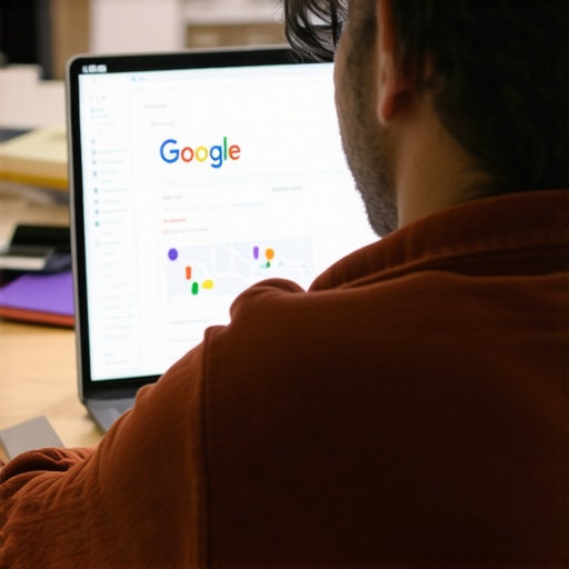 Business owner updating Google profile on laptop