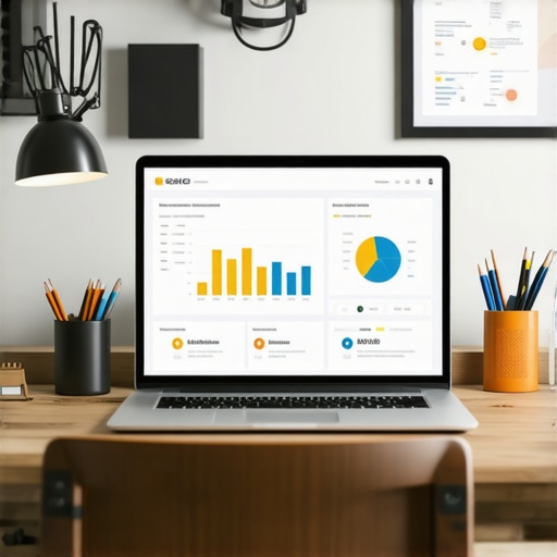 Laptop with SEO analytics graph on a clean workspace desk.