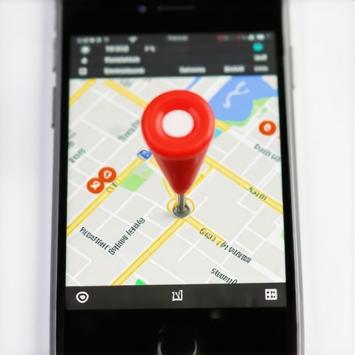 Local SEO Map Optimization Smartphone displaying map with GPS location pin highlighting local business