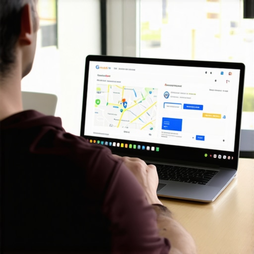 Person updating Google Business Profile on a laptop computer, with a local map and SEO tools visible.