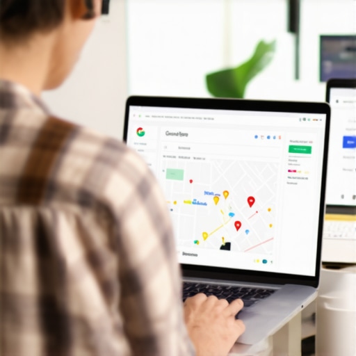 Business owner editing Google Business Profile on laptop with local map in background.