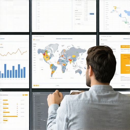 Digital marketing analyst reviewing maps and SEO performance data.