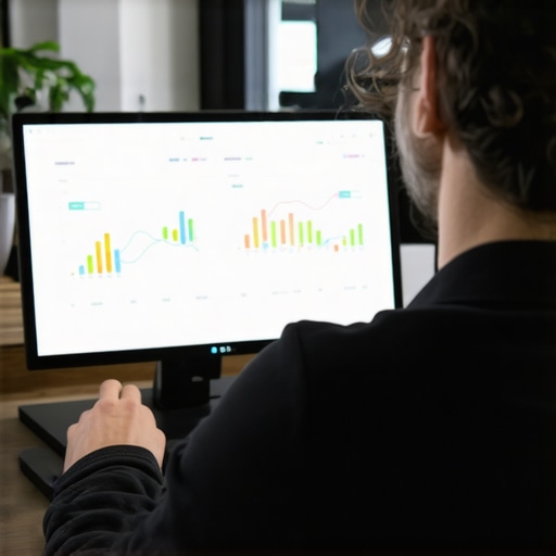 Business owner reviewing SEO performance charts and maps on screen.