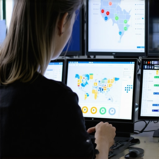 Person reviewing SEO analytics charts and maps on screens.