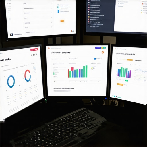 A workspace with multiple monitors displaying SEO analytics and citation management tools.