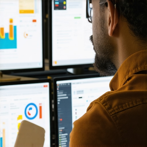 Expert analyzing local SEO signals Digital marketing expert reviewing SEO data on multiple screens.