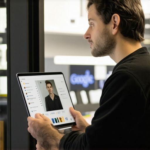 Business owner optimizing Google My Business profile on computer, with local storefront in background.