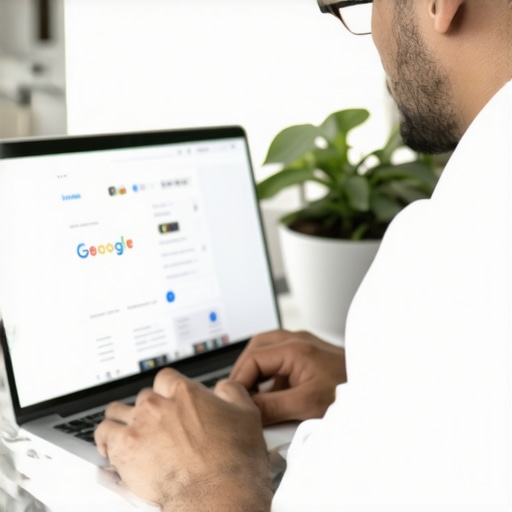 Business owner engaging with Google Business Profile on laptop, managing reviews and images.