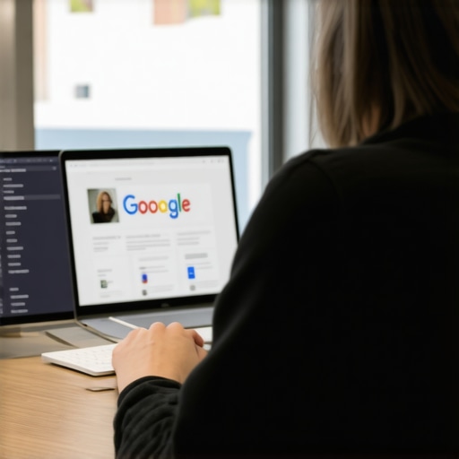 Business owner updating Google profile on computer in a modern office.