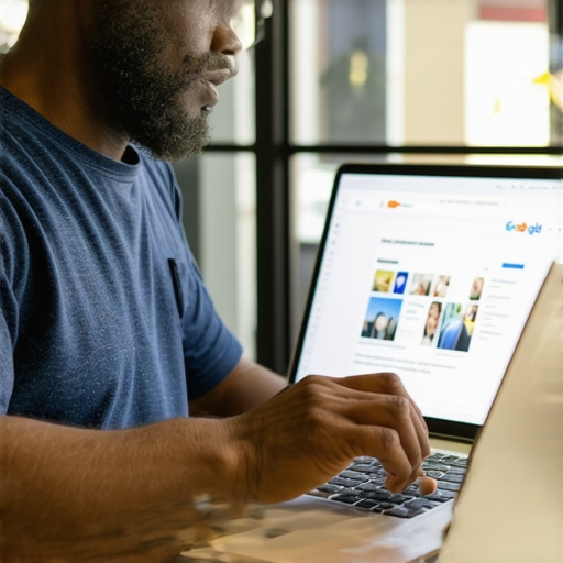 Business owner updating Google Business Profile on laptop with images and reviews.