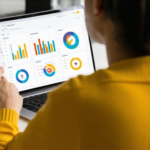 Person working with SEO tools and analytics dashboards on a laptop in a modern office setting