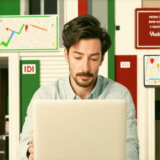 Business owner optimizing Google Business Profile on laptop with neighborhood signage